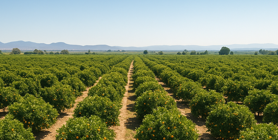 campo de naranjos soleado. Cambio climático.
