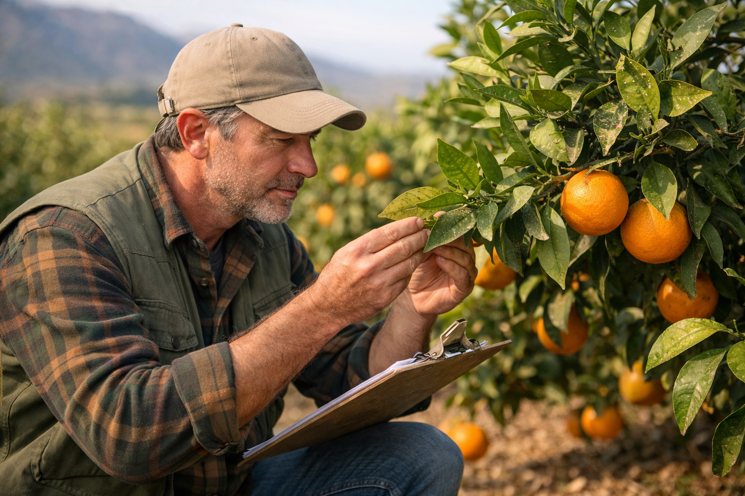 Agricultor revisando un naranjo para detectar plagas en un campo de cítricos de Castellón