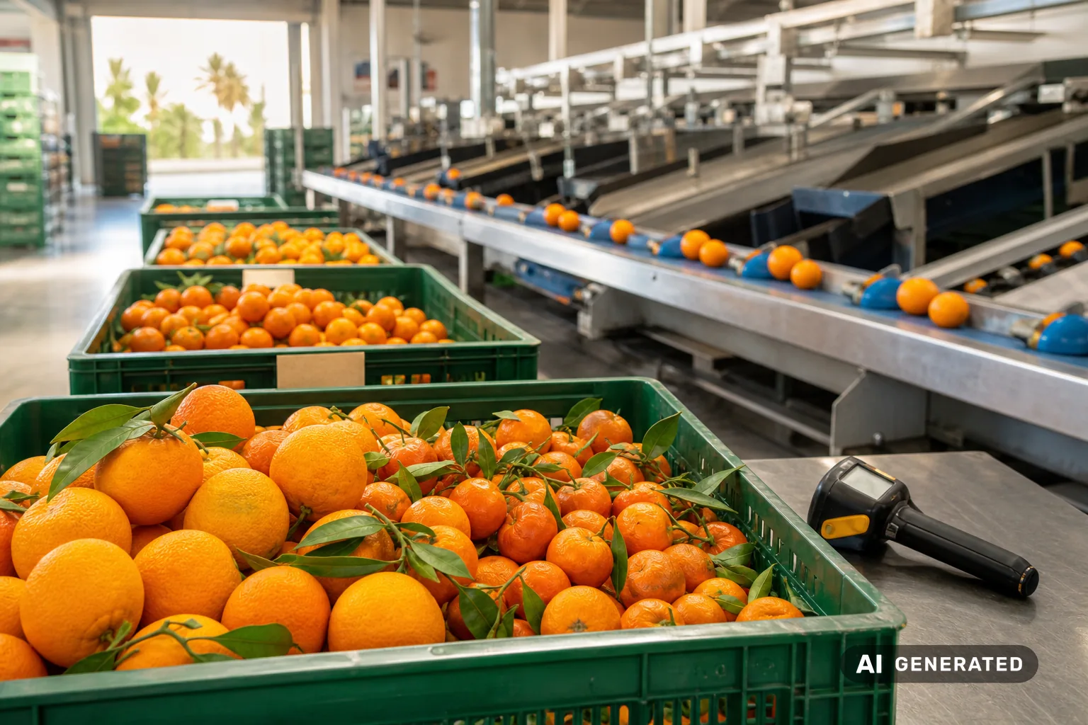Naranjas y mandarinas en una línea de selección con un lector para el control de la trazabilidad