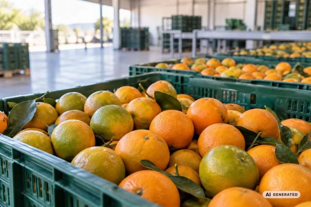 Naranjas y mandarinas con distintos tonos de verde y naranja antes del desverdizado de cítricos